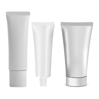 Kozmetik krem tüp modeli. Şampuan, krem ve diş macunu için beyaz plastik kap. Diş ürünleri şişesi. Losyon tüpü boş çizimi, tıbbi tedavi tüpü, cilt nemlendiricisi.