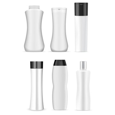 Şampuan şişesi modeli. Saç kozmetik paketi. İzole edilmiş nemlendirici kabı, banyo hijyen toplama şablonu. Banyo sağlığı ve güzellik berrak şişeler, jel, yağ, sıvı sabun veya süt