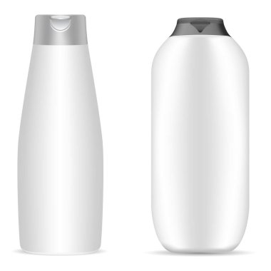 Beyaz şampuan şişesi. Kozmetik ürün modeli, saç veya duş kremi ambalajı, izole edilmiş üç boyutlu vektör boşluğu. Gerçekçi banyo şişe şablonu koleksiyonu, oval tüp tasarım seti. Kadın güzelliği
