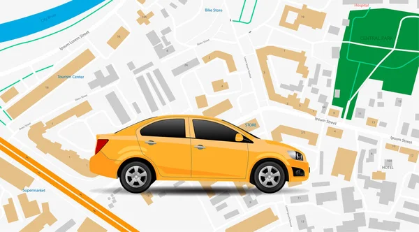 Taxi Coche Aplicación Vectorial Mapa Ciudad Ubicación Gps Vew Superior — Vector de stock