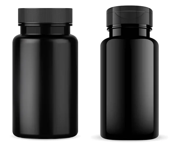 Siyah hap kavanozu. Parlak siyah plastik tablet şişesi, vitamin kutusu modeli. Tıbbi kapsül ürün ambalaj tasarımı. İlaç şablonu, spor ilaç kutusu, dikey şablon