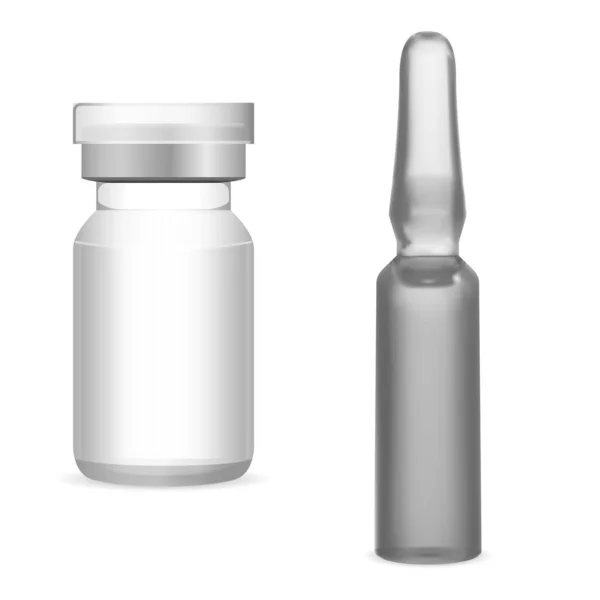 ガラス医療用バイアル 注射用アンプルモックアップ3D医薬品瓶白地に隔離されたワクチン用医薬品容器 フル抗生物質の投与量を閉じます — ストックベクタ