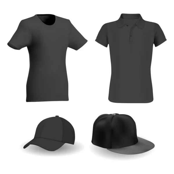 Czarna Koszulka Czarny Wzór Wektora Czapki Baseballowej Odzież Sportowa Realistyczny — Wektor stockowy