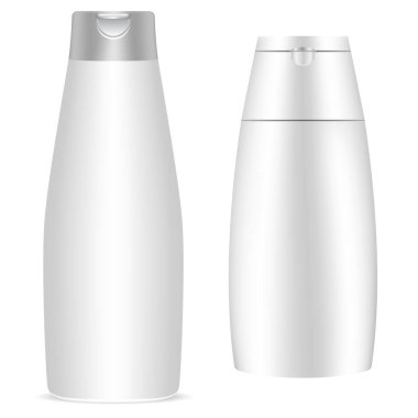 Şampuan şişesi. Beyaz kozmetik paket modeli, duş kremi, jel 3D vektör boş. Saç kremi plastik ambalaj, gerçekçi banyo yıkama ürünü.