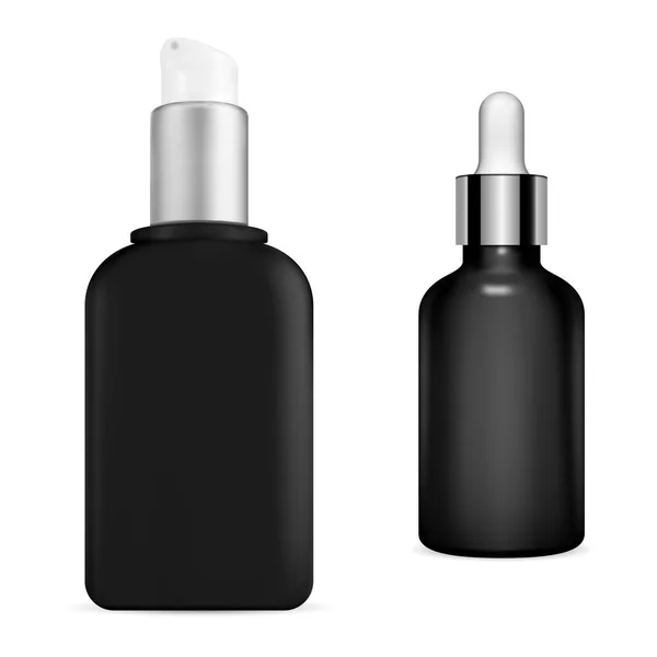 Botella Suero Negro Recipiente Bomba Cosmética Concepto Vector Matraz Cuentagotas — Vector de stock
