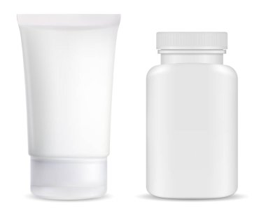 Krema tüpü, ilave hap şişesi maketi, beyaz parlak kavanoz çizimi boş. Merhem tüpü eczane şablonu. Gerçekçi kapsül kavanozu, tablet tedavisi, reçeteli ilaç.