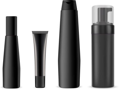 Siyah kozmetik şişesi, şampuan, pompalı plastik kap. Kozmetik krem tüp modeli, saç kremi ambalaj tasarımı. Lüks insan koleksiyonunun 3d illüstrasyonu, vektör kümesi