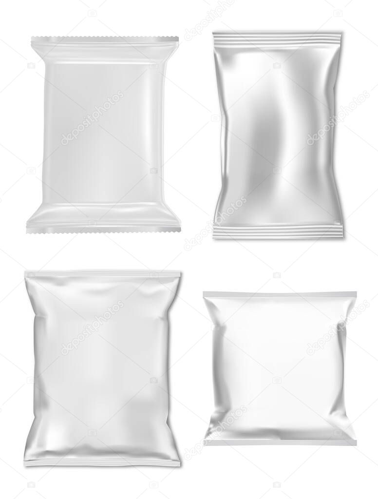 Snack bag mockup. Foil sachet, zipper pouch sample. Cosmetic pilow wrap, 3d vector packet, silver foil template. Supermarket product bag, candy, salt, paper, seasoning