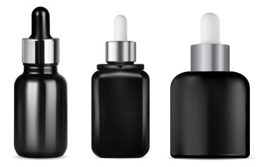 Saç serumu düşürücü şişesi, siyah cam vektör modeli. Göz pipeti şişesi, lüks paketleme. Kozmetik özü şişesi, doğal güzellik aroması, yüz bakımı ambalajı.