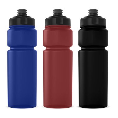 Bisikletli su şişesi. Yeniden kullanılabilir içki şişesi modeli. Siyah plastik matara şablonu. Kamp ya da yürüyüş macerası ekipmanları. Yaz seyahati içecek şişesi koleksiyonu