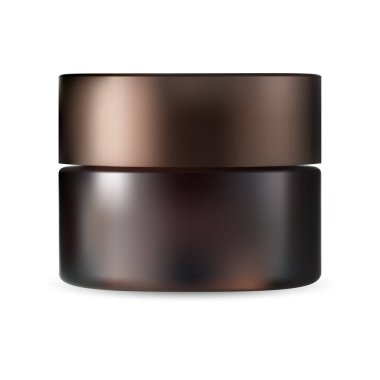 Kahverengi kozmetik kavanozu. Krema paketi maketi, plastik kapaklı güzellik tozu şişesi, beyaz arkaplanda izole edilmiş 3D vektör şablonu