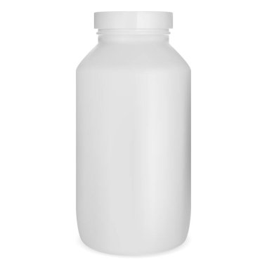 Beyaz hap şişesi, ilaç kavanozu maketi, destek kapsülü beyaz arka planda izole edilmiş. Tıbbi tablet ilaç şişesi şablonu, eczane reçeteli ilaç illüstrasyonu