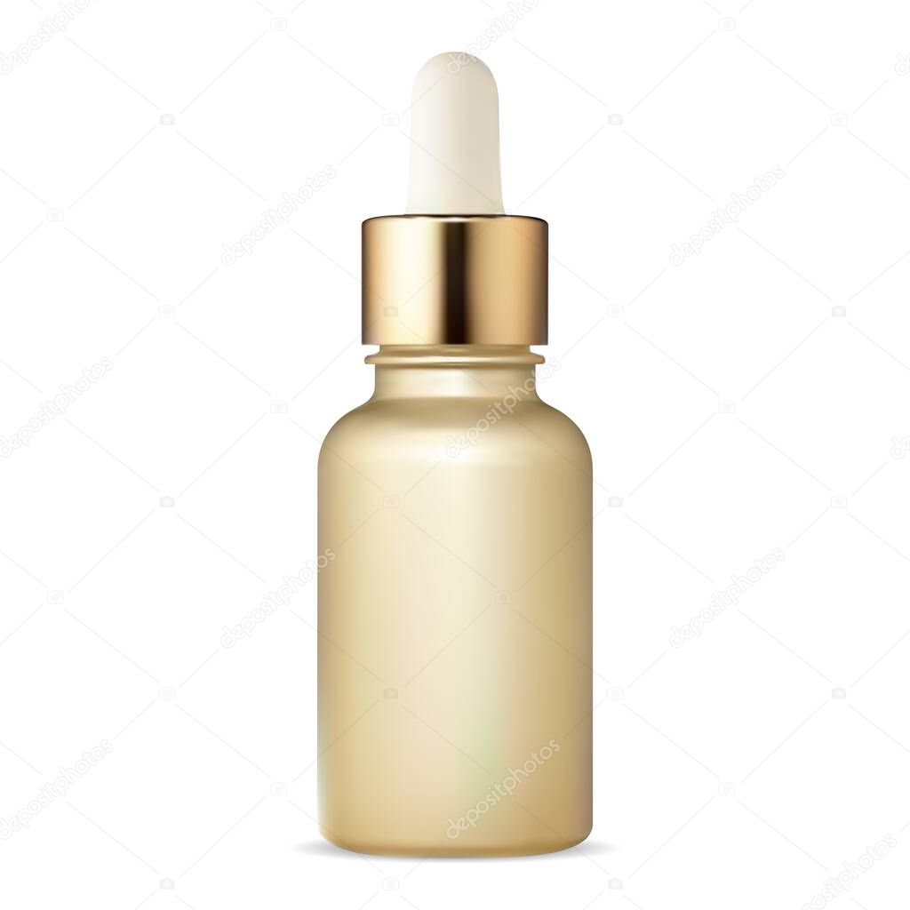 Cosmetic dropper bottle. Serum flask with pupet. Face skin collagen moisture can. Golden flacon for premium essential oil design, aromatherapy or moisture blank template