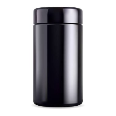 Siyah kavanoz modeli. Siyah cam şişe, takviye kutusu. Parlak plastik spor ambalajı, vektör çay kabı. Erkekler kozmetik güzellik paketi, vücut kremi, tuz veya fırça