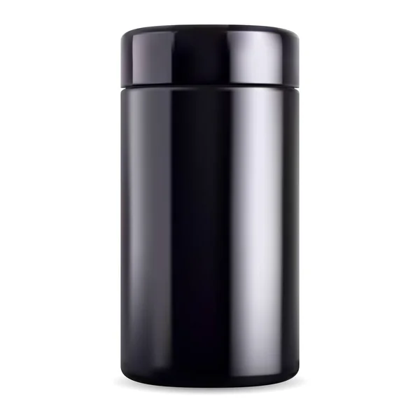 Siyah Kavanoz Modeli Siyah Cam Şişe Takviye Kutusu Parlak Plastik — Stok Vektör