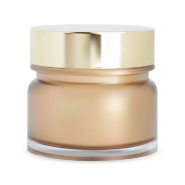 Kozmetik tozu kavanozu. Yüz kremi şişesi, mackeup kutusu. Altın parlak metal kapaklı parlak cam gerçekçi kavanoz. Vücut temizleme tüpü, yuvarlak krema şişesi.