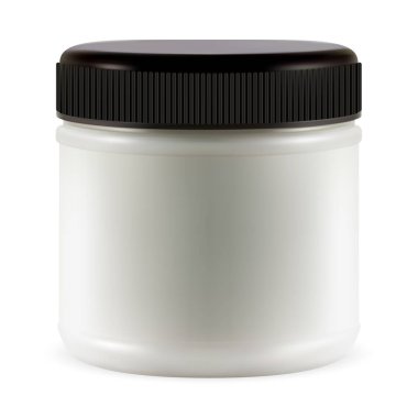 Beyaz krema kavanozu. Kozmetik krem plastik kap boş. Makyaj tozu paketi boş. Vücut yağlı plastik ambalaj, banyo ürünü kutusu, el kremi örneği.