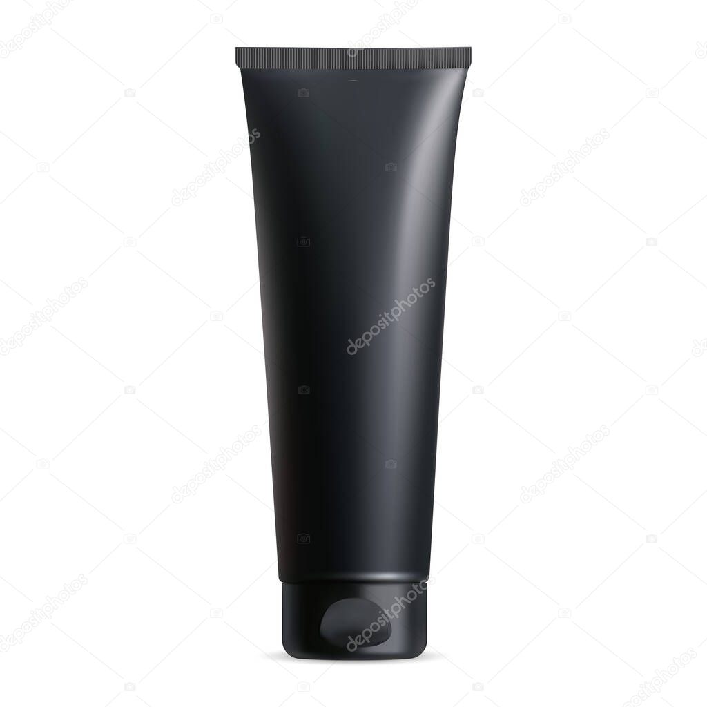 Black cream tube. Plastic lotion package blank mockup. Acne cleanser, facial wash realistic template. Charcoal mask tube concept. Blackhead scrub mask collection. Shampoo or body gel pack