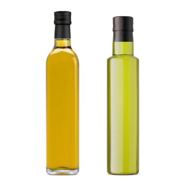 Zeytin yağı şişesi maketi. Organik vejetaryen gıda paketi. Ekstra bakire pişirme yağı, Yunan, İspanyol Akdeniz taze ürünü. Beyaz arka planda sarı cam şişe
