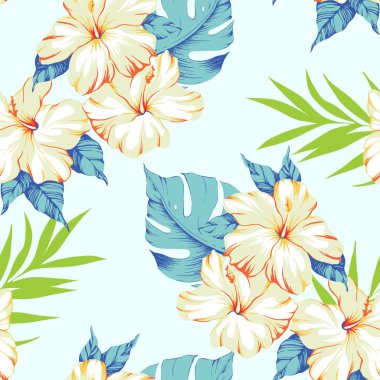 Aloha Hawaii çiçek deseni. Yaz amfibisi, tesisat, orkide, canavar deseni. Beyaz arka planda Hawaii yaz şablonu. Duvar kağıdı veya kumaş için tropik çiçek baskısı.