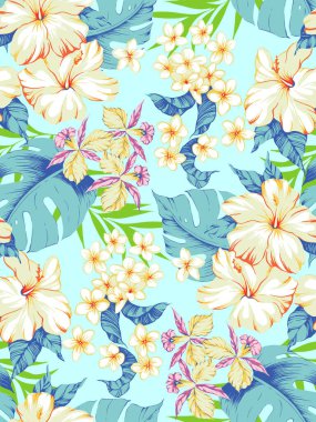 Aloha Hawaii çiçek deseni. Yaz amfibisi, tesisat, orkide, canavar deseni. Beyaz arka planda Hawaii yaz şablonu. Duvar kağıdı veya kumaş için tropik çiçek baskısı.