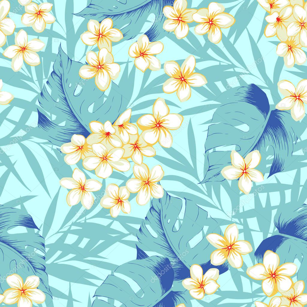 Aloha hawaii flower pattern. Summer hibiscus, plumeria, orchid, monstera pattern. Hawaiian summer pattern on white background. Tropical flowers print for wallpaper or fabric.