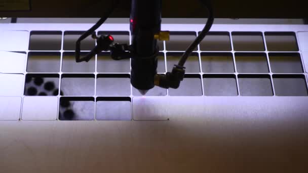 Automatyczne drewniane puzzle produkcji na fabryce zabawek. 4k makro hdr materiał filmowy cięcia sklejki laserem. Koncepcja projektowania zabawek drewnianych — Wideo stockowe