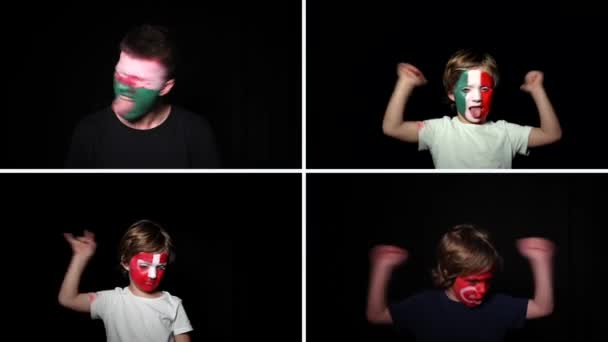 Happy fan celebrate victory of his favourite football team Wales, Italy, Turkey and Switzerland. Portrait of young man supports his national team at home with face painted in colours of national flag — Stock Video