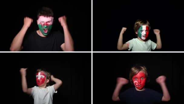 Feliz fan celebrar la victoria de su equipo de fútbol favorito Gales, Italia, Turquía y Suiza. Retrato de joven apoya a su equipo nacional en casa con la cara pintada en colores de la bandera nacional — Vídeos de Stock