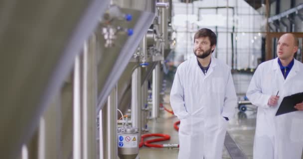 Twee blanke mannen die in een brouwerij werken. Een mannelijke brouwer controleert de metingen met een tablet. — Stockvideo