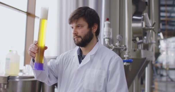 醸造所で新鮮なビールの品質をテストする男性。ラボコートに身を包んだ醸造者がグラスからビールを試飲 — ストック動画