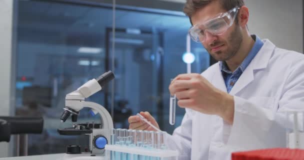 Científico tomando muestras de tubos en el laboratorio, utiliza placa Petri. Doctor haciendo investigación médica. Herramientas de laboratorio: microscopio, tubos de ensayo, equipo. — Vídeos de Stock