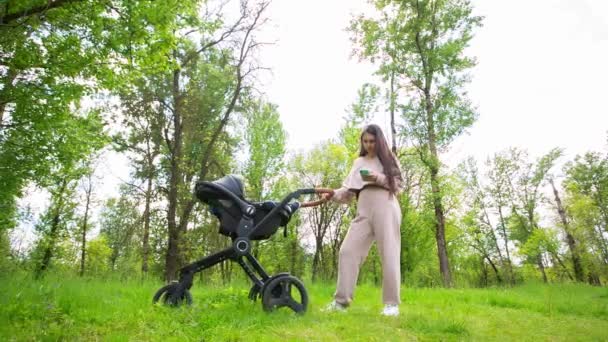 Frau mit Kinderwagen benutzt Handy im Park — Stockvideo