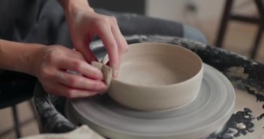 Çömlekçi çarkında çalışan usta bir çömlekçinin elleri, kilden bir kase oluşturuyor. Yakın çekim, yavaş çekim