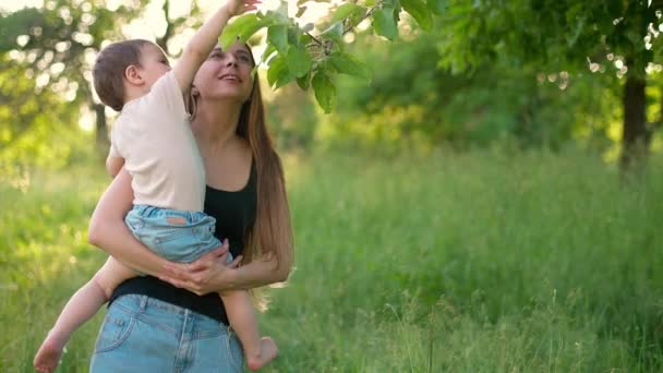 子供と母親は庭を歩いている。赤ん坊は母親の腕の中にある。母、子、息子は緑の公園を歩いている、抱擁とキス。幸せな家族旅行。スローモーション — ストック動画