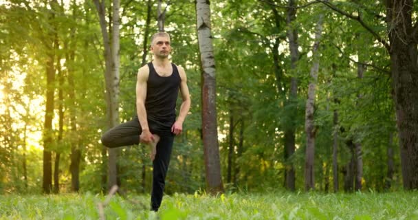 Giovane uomo che pratica lezione di yoga in un parco al mattino. Equilibrio su una gamba. Rallentatore — Video Stock