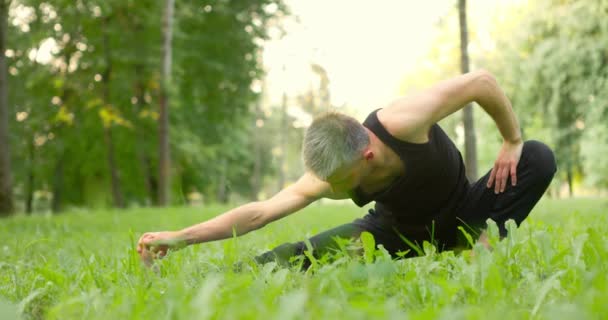 Hombre deportivo haciendo movimientos de yoga y posiciones sobre hierba verde.Yogui equilibrio en las piernas movimiento lento brazo — Vídeos de Stock