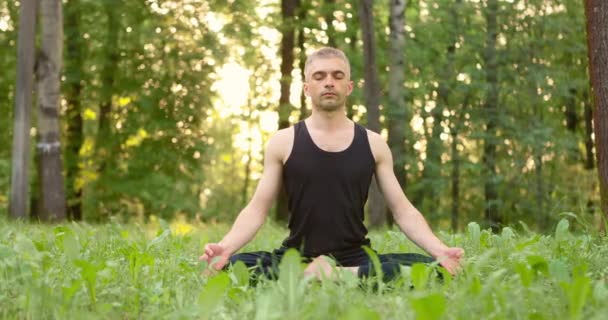 Muži sedící na trávě v lotosu představují meditaci venku za úsvitu. Zpomalený pohyb — Stock video