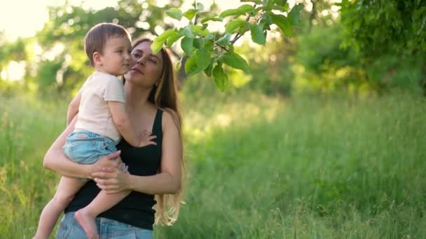Szczęśliwa matka z synkiem w ramionach w parku. Dziecko dotyka gałęzi drzewa i uśmiecha się. Młoda mama i mały chłopiec dobrze się bawią. Zwolniony ruch — Wideo stockowe