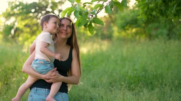 公園で小さな息子と幸せな母親。赤ちゃんは木の枝に触れ笑顔。お母さんと赤ちゃんは楽しいです。スローモーション — ストック動画
