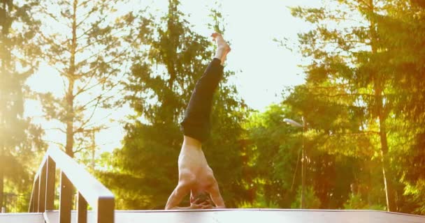 Uomo sportivo che fa headstand al mattino.Yogi petto nudo nel parco.Yoga in natura. — Video Stock