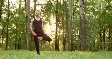 Güneşli yaz gününde erkekler parkta yoga ve meditasyon yapıyor. Tek ayak üstünde denge. Yavaş çekim