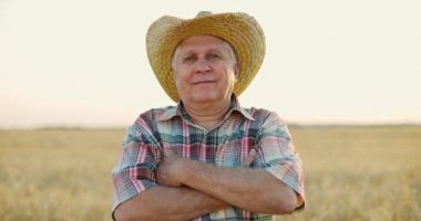 Orta yaşlı çiftçi gün batımında buğday tarlasında hazır bekliyor. Kollarını kavuşturup gülümseyen adam.