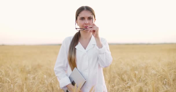 Agronomist beyaz önlük giyip tarlada buğday hasadı araştırıyor. Kadın gözlük takıyor. — Stok video