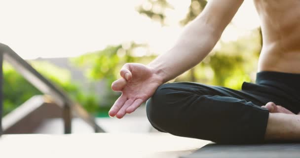 Man doet yoga meditatie in het park voor training. Shirless atleet oefenen lotus poseren buiten — Stockvideo