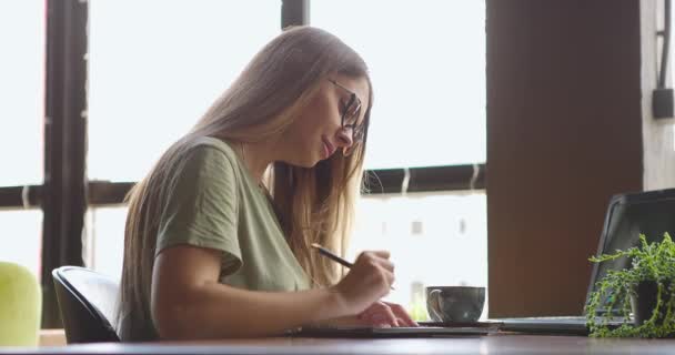 Fiatal nő gondolkodik ötletek és leírja őket papíralapú jegyzetfüzetbe ül fényes kávézó — Stock videók