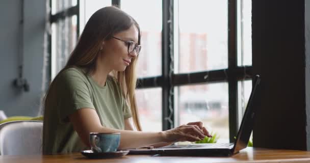 Junge Frau sitzt in der Nähe eines großen Fensters in einem Café, scrollt Webseiten und chattet mit Laptop — Stockvideo