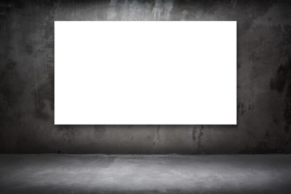 Blank white Canvas poster at dark cement room