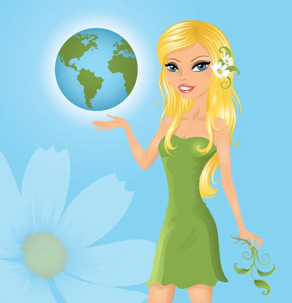 Blond girl with globe. — Stock Vector