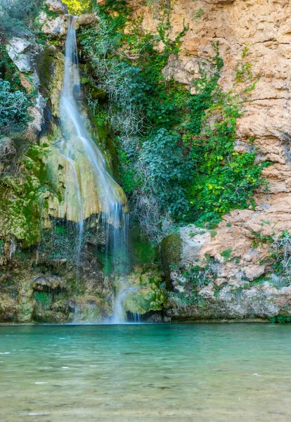 Маленький красивый водопад с зелеными листьями. — стоковое фото